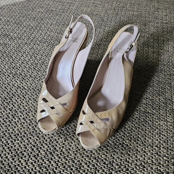 Stuart Weitzman Patent Leather Slingback Woven Wedge Platform Wedges - Picture 7 of 16